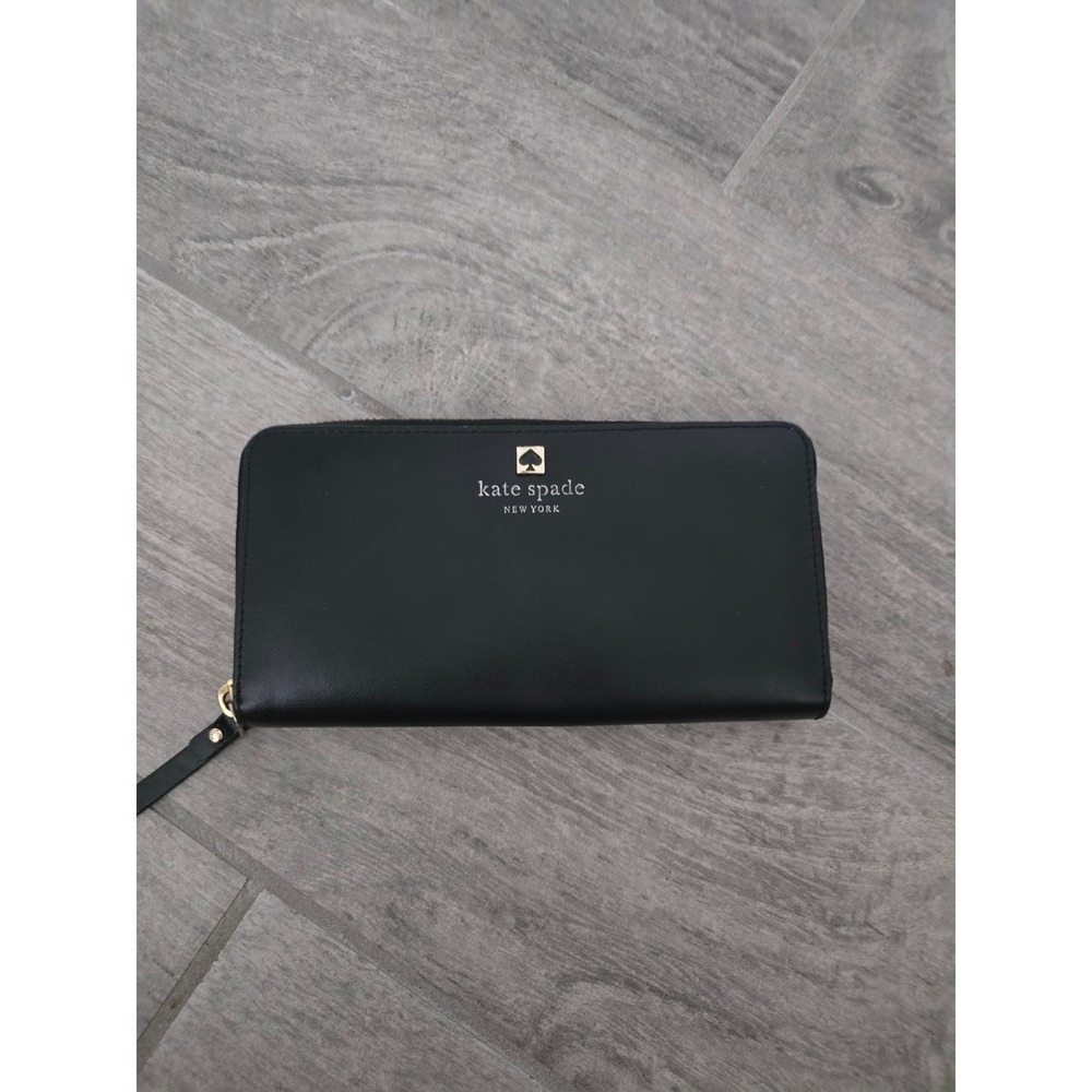 Kate Spade New York Black Leather Zip Around Continental Wallet Gold Logo‎